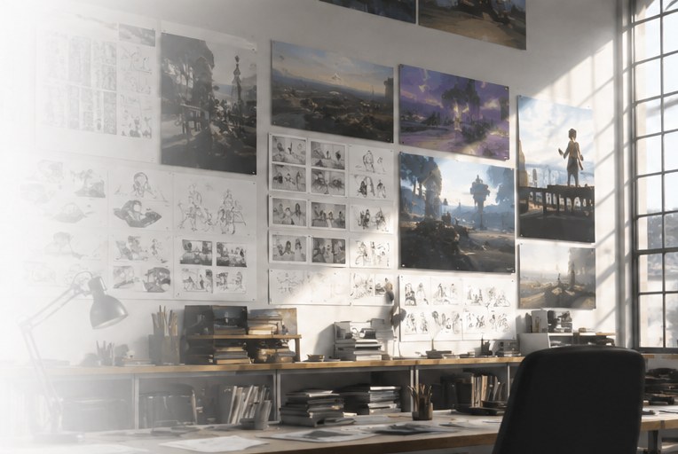 A sunlit studio wall covered in storyboards, character sketches, and concept paintings