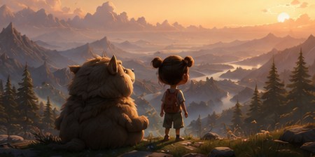 A child and a friendly creature watch the sunrise over a mountain valley