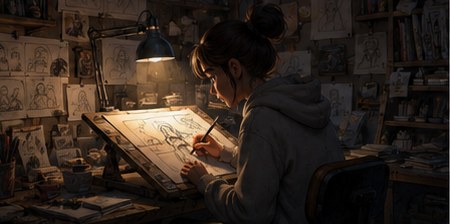 An artist drawing character sheets at a lamplit animation desk