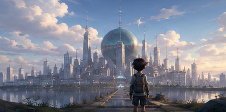 A young explorer gazes at a gleaming future city across the water