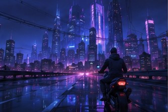 Neon Drift — a rider on a rain-slick highway beneath a neon city skyline