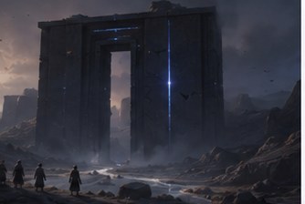 Othergate — travelers approaching a colossal ancient gate glowing with blue light