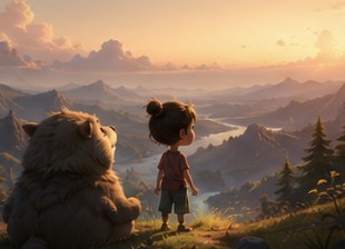 Pip & The Wild — a child and a large gentle creature overlooking a sunset valley