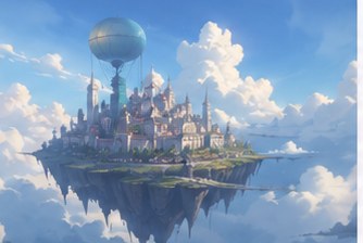 Skybound — a floating island city with an airship rising above the clouds